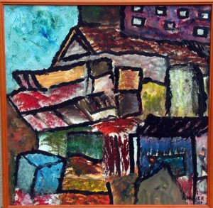 COULEURS-DES-VILLES-Bidonville-au-Bénin-acrylique-sur-papier-marouflé-sur-bois47x47